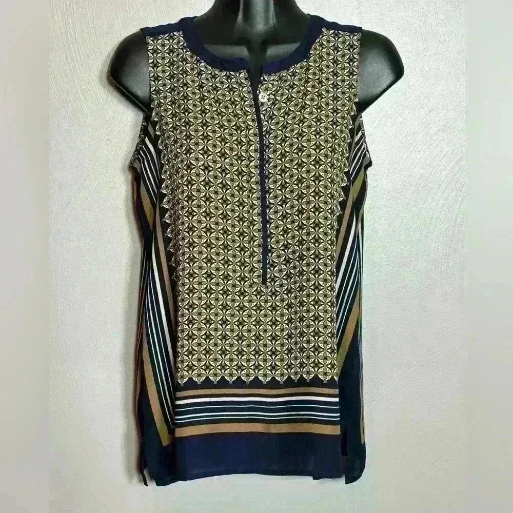 Ann Taylor Women's Petite Sleeveless Shirt Top Blue Gold Olive Print Stripe‎ XXS